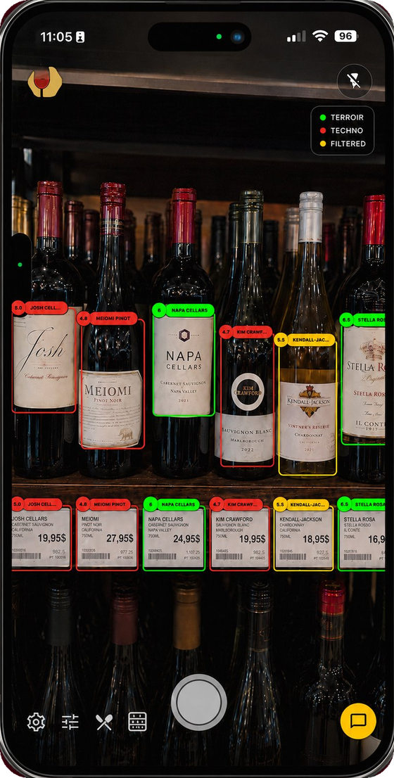 WINE A BEE scanning a wine shelf — green Terroir and red Techno verdicts on each bottle